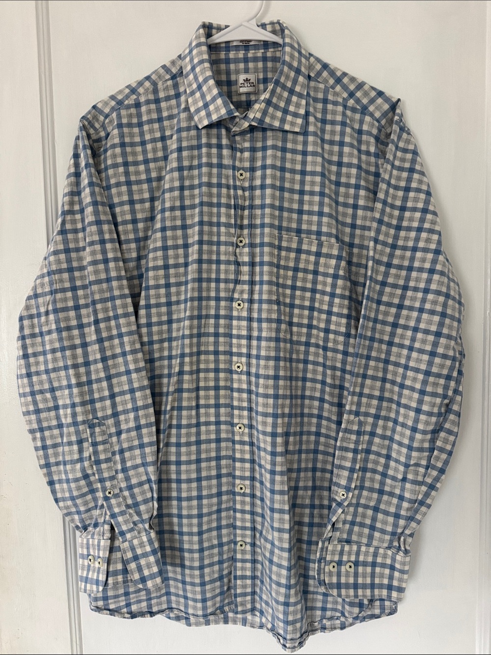 Peter Millar Classic Men's Blue and Grey Plaid Button-Up Shirt